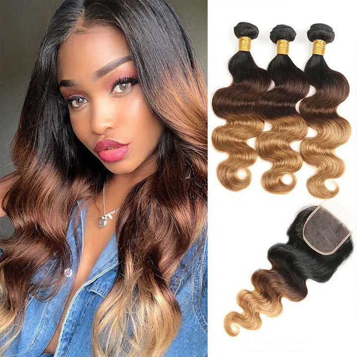 Ombre Bundles With Closure Brazilian Body Wave Human Hair 3Tone (T1b/4/27) Highlight 100% Real Human Hair Extensions