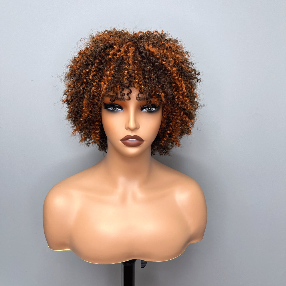New 6 Inch Afro Kinky Curly Bob Color Wig With Bangs Curly Pixie Cut Glueless Wig Machine Human Hair Wigs For Black Women No Code Needed  -Amanda Hair