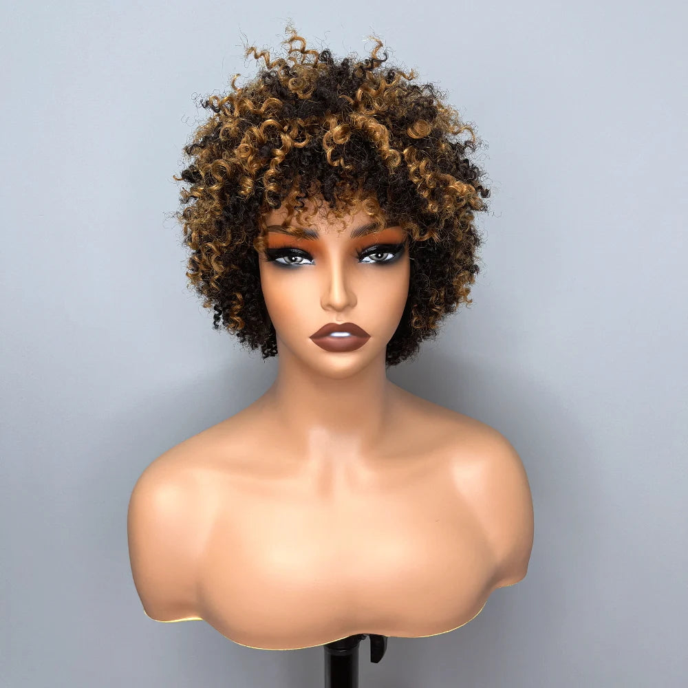 Flash Sale Buy 2 Get 1 Free Afro Kinky Curly Bob Color Wig With Bangs Pixie Cut Glueless Wig