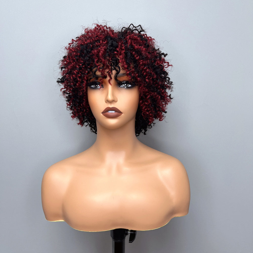 New 6 Inch Afro Kinky Curly Bob Color Wig With Bangs Curly Pixie Cut Glueless Wig Machine Human Hair Wigs For Black Women No Code Needed  -Amanda Hair
