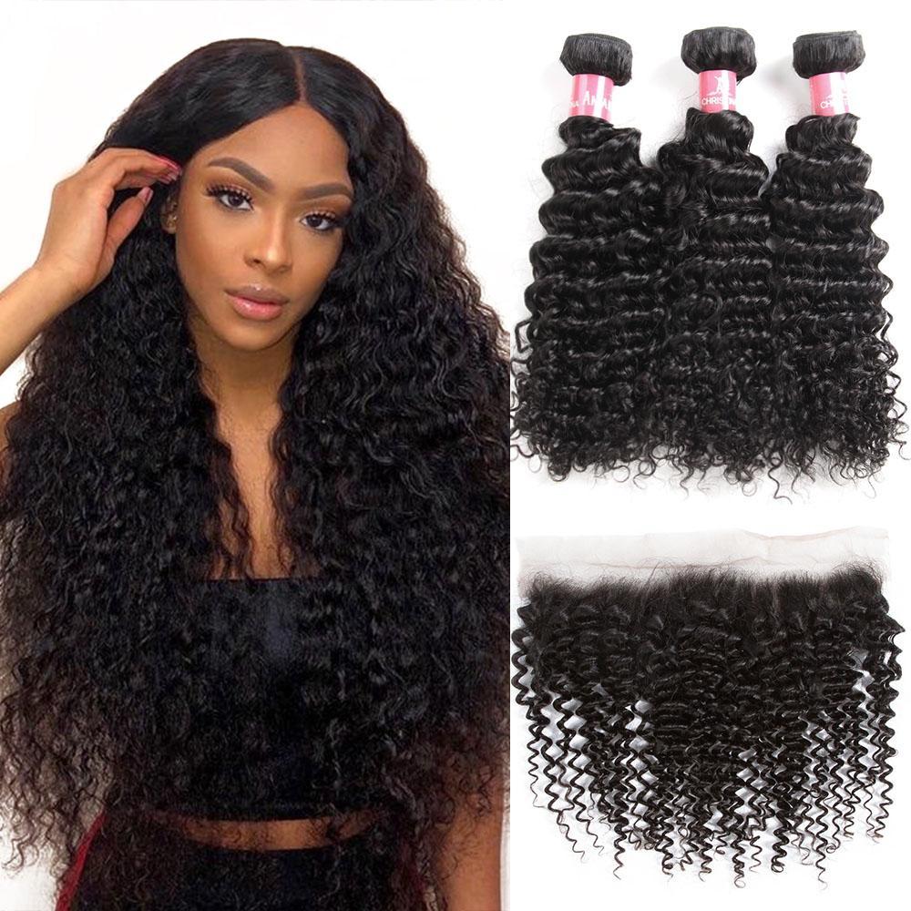 Amanda Malaysian Hair Kinky Curly 3 Bundles With 13*4 Lace Frontal 10A Grade 100% Remi Human Hair Soft Shiny Wave Hair
