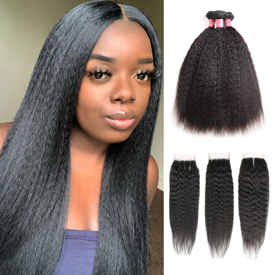 Amanda Malaysian Human Hair Kinky Straight 3 Bundles With 4*4 Lace Closure 10A Grade 100% Remy Human Hair