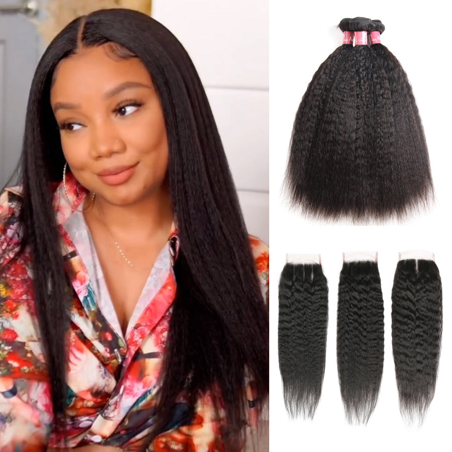 Amanda Mongolian Human Hair Kinky Straight 3 Bundles With 4*4 Lace Closure 10A Grade 100% Remy Human Hair