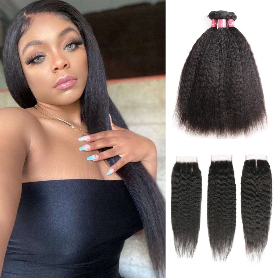 Amanda Peruvian Human Hair Kinky Straight 3 Bundles With 4*4 Lace Closure 10A Grade 100% Remy Human Hair