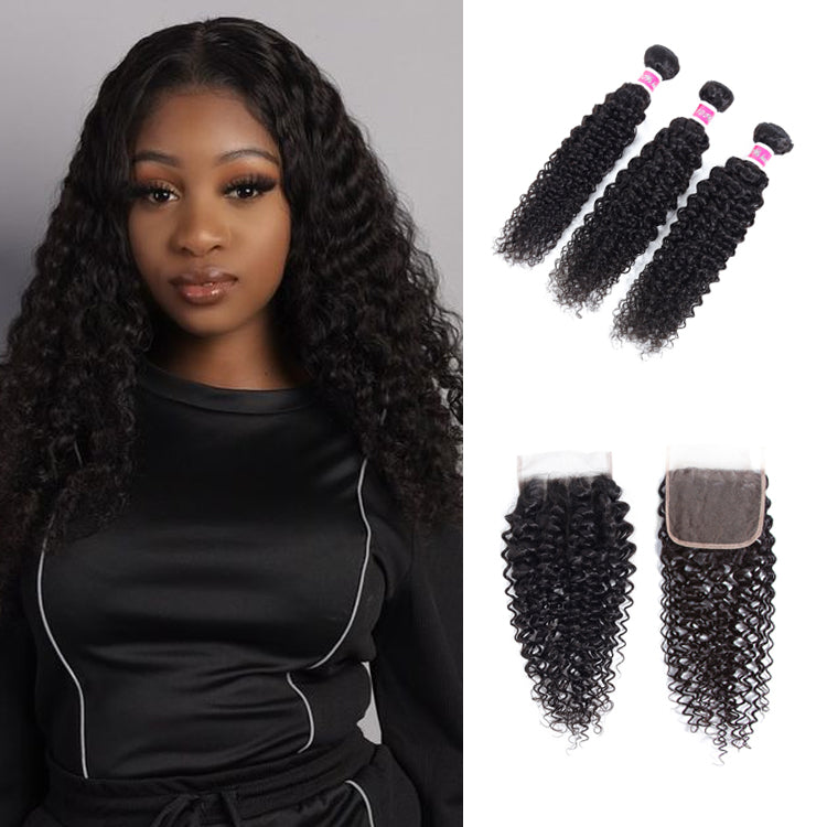 Amanda Indian Hair Kinky Curly 3 Bundles With 4*4 Lace Closure 10A Grade 100% Remi Human Hair Soft Shiny Wave Hair