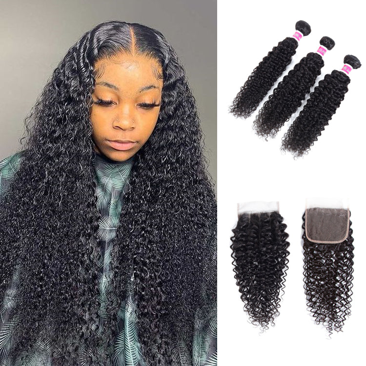Amanda Peruvian Hair Kinky Curly 3 Bundles With 4*4 Lace Closure 10A Grade 100% Remi Human Hair Soft Shiny Wave Hair