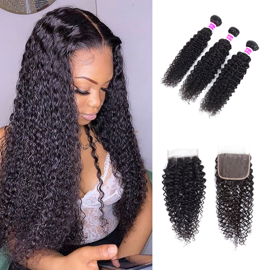 Amanda Malaysian Hair Kinky Curly 3 Bundles With 4*4 Lace Closure 10A Grade 100% Remi Human Hair Soft Shiny Wave Hair