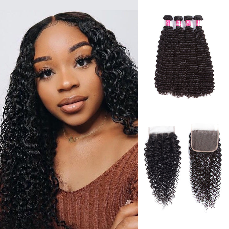 Amanda Peruvian Hair Kinky Curly 4 Bundles With 4*4 Lace Closure 10A Grade 100% Remi Human Hair Soft Shiny Wave Hair