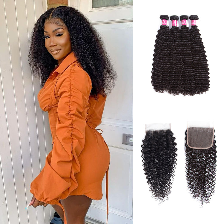 Amanda Indian Hair Kinky Curly 4 Bundles With 4*4 Lace Closure 10A Grade 100% Remi Human Hair Soft Shiny Wave Hair