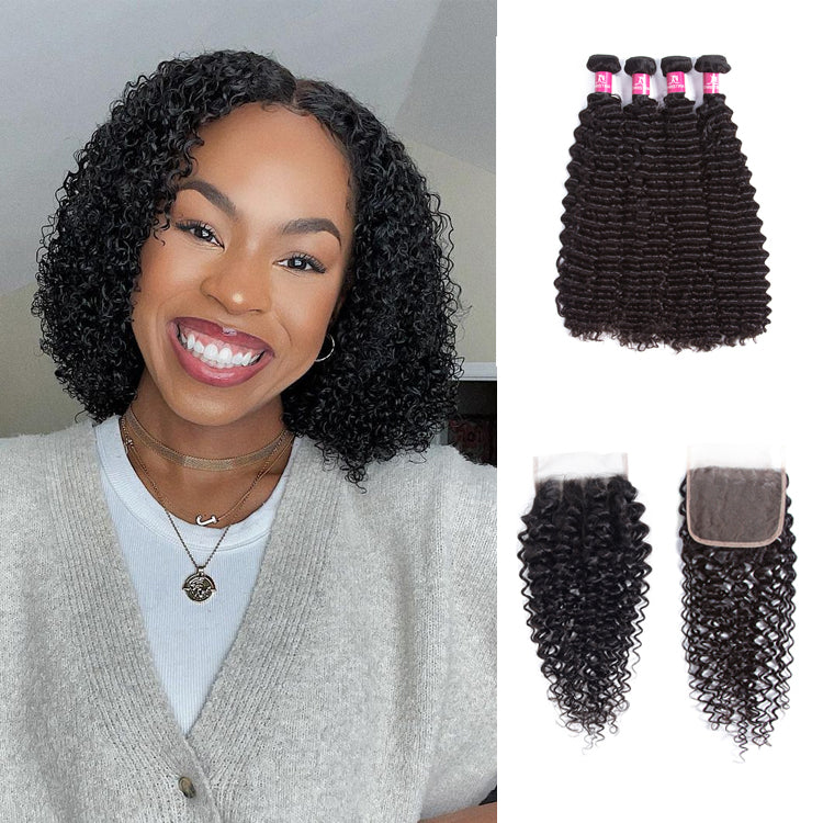 Amanda Mongolian Hair Kinky Curly 4 Bundles With 4*4 Lace Closure 10A Grade 100% Remi Human Hair Soft Shiny Wave Hair
