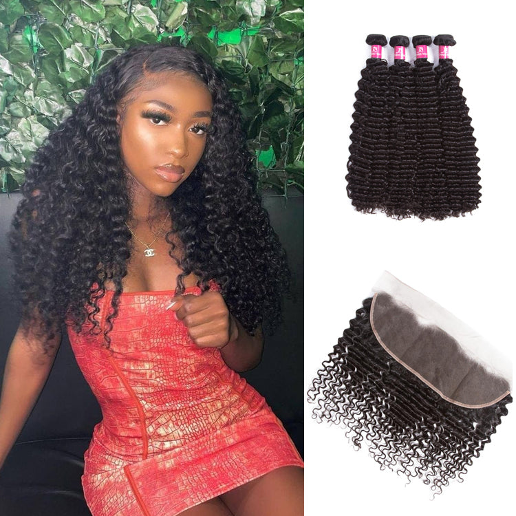 Kinky Curly 4 Bundles With 13*4 Lace Frontal 10A Grade Brazilian Hair 100% Remi Human Hair Soft Shiny Wave Hair - Amanda Hair