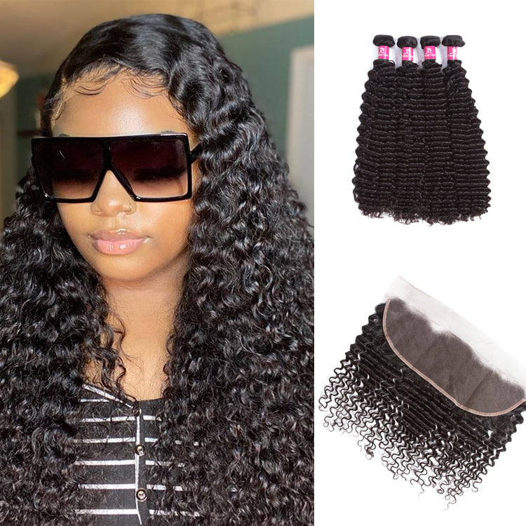 Amanda Peruvian Hair Kinky Curly 4 Bundles With 13*4 Lace Frontal 10A Grade 100% Remi Human Hair Soft Shiny Wave Hair