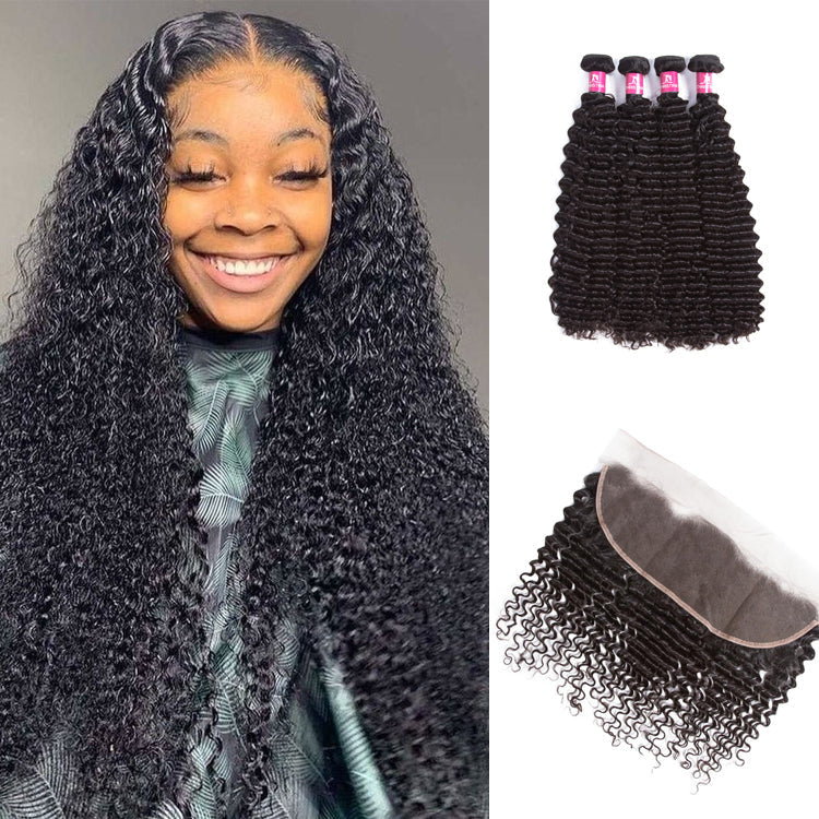 Amanda Indian Hair Kinky Curly 4 Bundles With 13*4 Lace Frontal 10A Grade 100% Remi Human Hair Soft Shiny Wave Hair