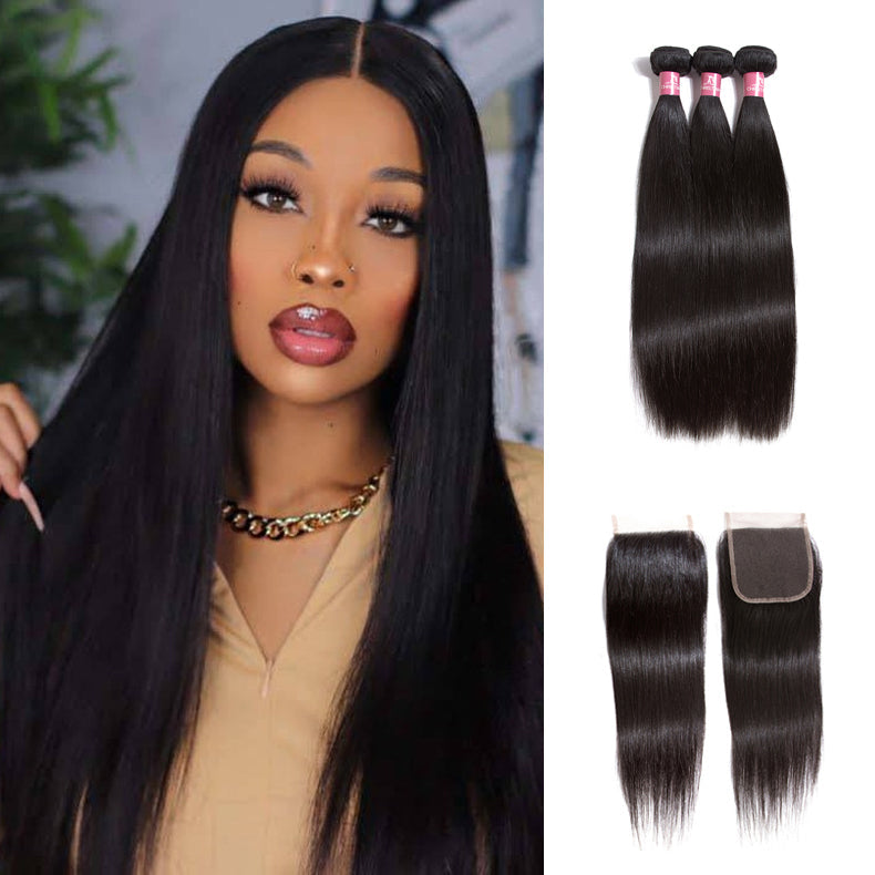 Amanda Indian Straight Hair 3 Bundles With 4*4 Lace Closure 10A Grade 100% Remy Human Hair