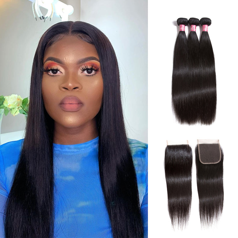 Amanda Malaysian Straight Hair 3 Bundles With 4*4 Lace Closure 10A Grade 100% Remy Human Hair