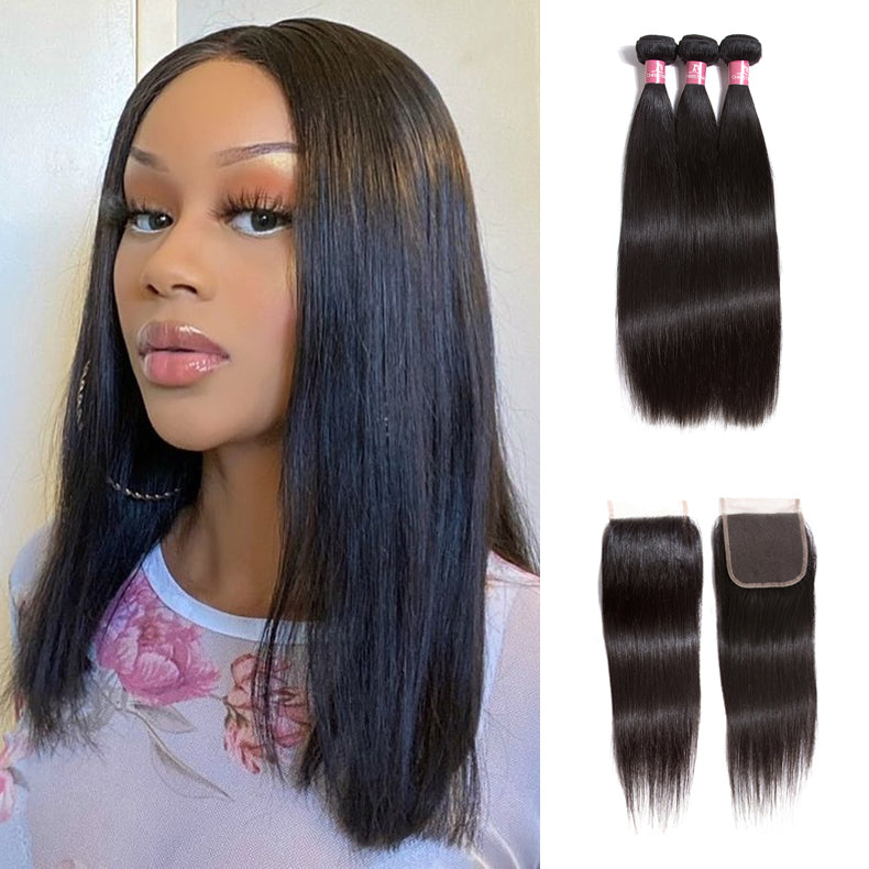Amanda Mongolian Straight Hair 3 Bundles With 4*4 Lace Closure 10A Grade 100% Remy Human Hair