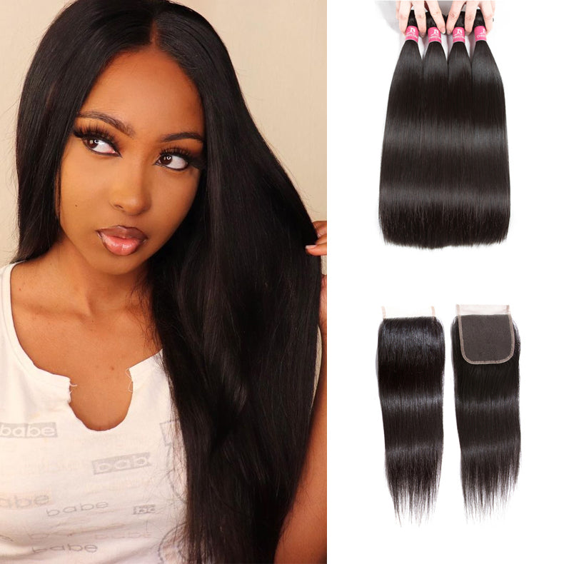 Brazilian Straight Hair 4 Bundles With 4*4 Lace Closure 10A Grade 100% Remy Human Hair - Amanda Hair