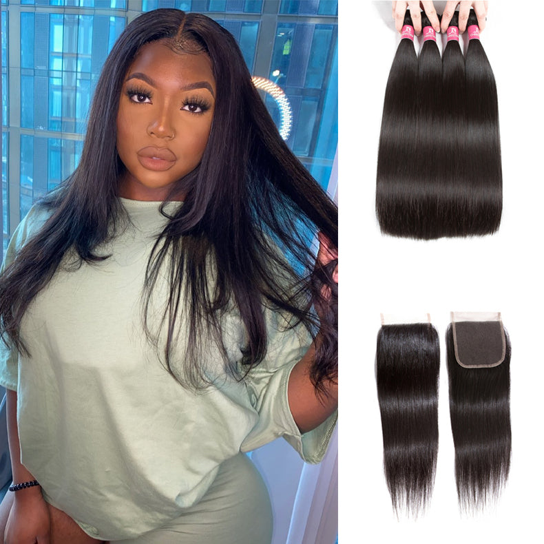Amanda Mongolian Straight Hair 4 Bundles With 4*4 Lace Closure 10A Grade 100% Remy Human Hair