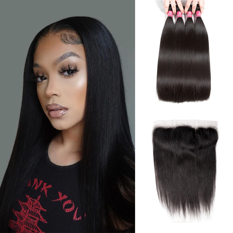 Brazilian Straight Hair 4 Bundles With 13*4 Lace Frontal 10A Grade 100% Remy Human Hair Soft Shiny Wave Hair - Amanda Hair