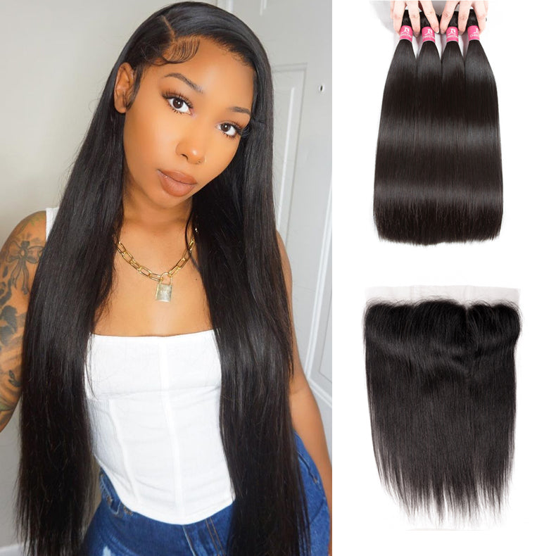 Amanda Indian Straight Hair 4 Bundles With 13*4 Lace Frontal 10A Grade 100% Remy Human Hair Soft Shiny Wave Hair