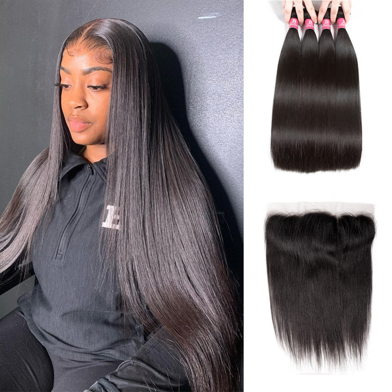 Amanda Malaysian Straight Hair 4 Bundles With 13*4 Lace Frontal 10A Grade 100% Remy Human Hair Soft Shiny Wave Hair