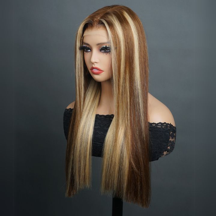 11A Highlights Blonde Hair Full Density Glueless Closure/Front Brown Colored Straight Wig- Amanda Hair
