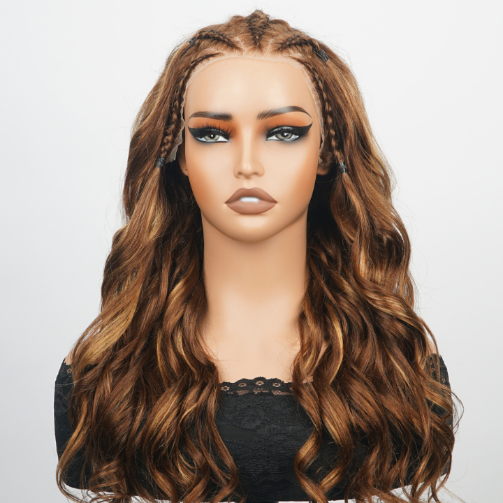 Glueless Highlight Blonde Brown Braided Lace Front Loose Wave Colored Wig 100% Human Hair - Clear Transparent Lace Front/Closure Human Hair Wig- Amanda Hair