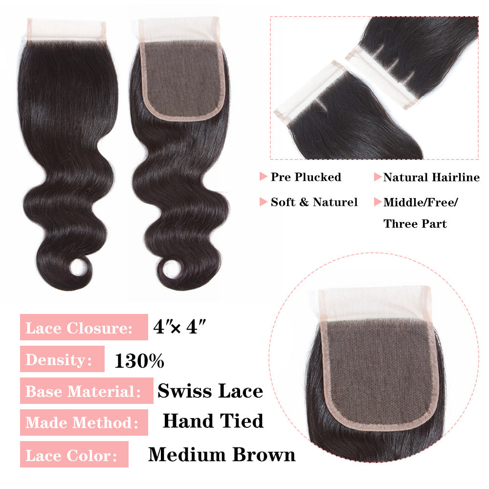 Brazilian Body Wave 4 Bundles With 4*4 Lace Closure 10A Grade 100% Remi Human Hair - Amanda Hair