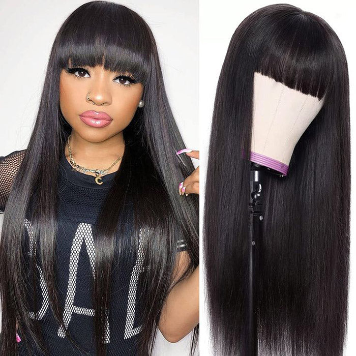Flash Sale Buy 2 Get 1 Free Silk Straight Wigs With Bangs Machine Made Virgin Brazilian Hair Wig