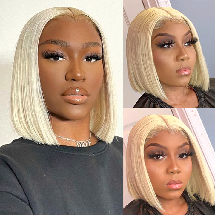 613# Blonde Brazilian Straight Short Bob Wigs 150% Density Transparent Lace Frontal Wig Pre Plucked Glueless Lace Wigs-Amanda Hair