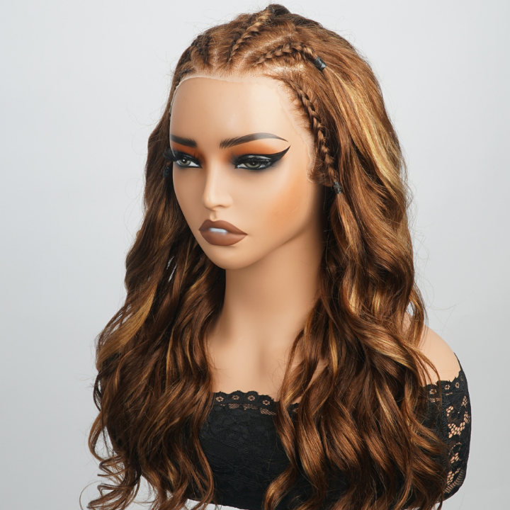 Glueless Highlight Blonde Brown Braided Lace Front Loose Wave Colored Wig 100% Human Hair - Clear Transparent Lace Front/Closure Human Hair Wig- Amanda Hair