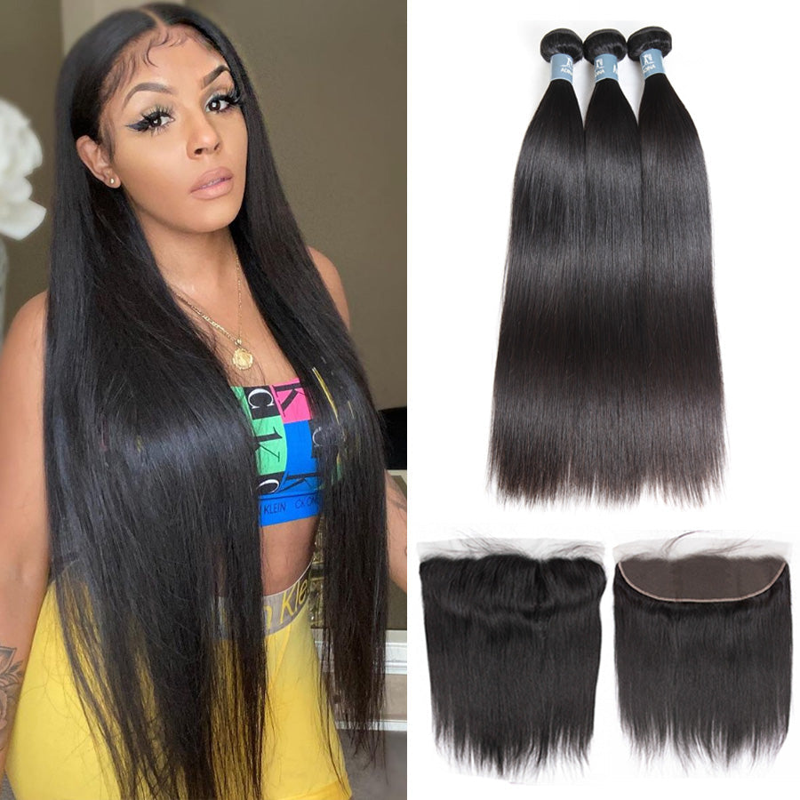 Amanda Indian Straight Hair 3 Bundles With 13*4 Lace Frontal 9A Grade 100% Unprocessed Human Hair No Tangles