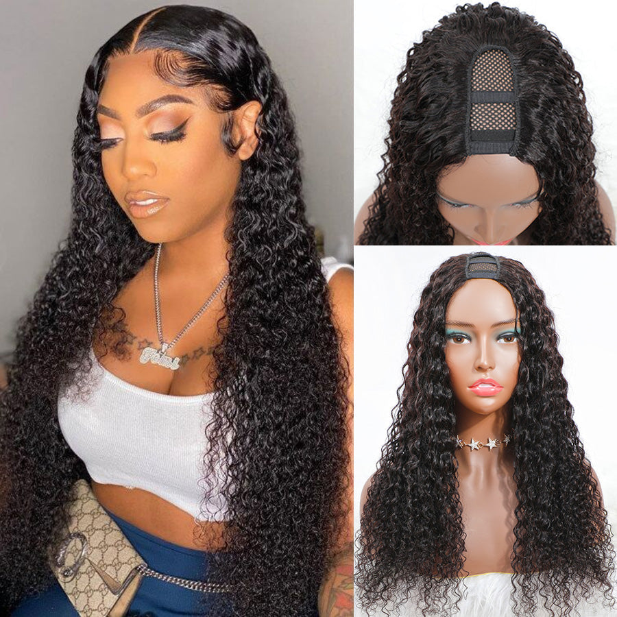 U Part Wig Brazilian Hair Jerry Curly Wave 150% Density Remy Human Wigs - Amanda Hair