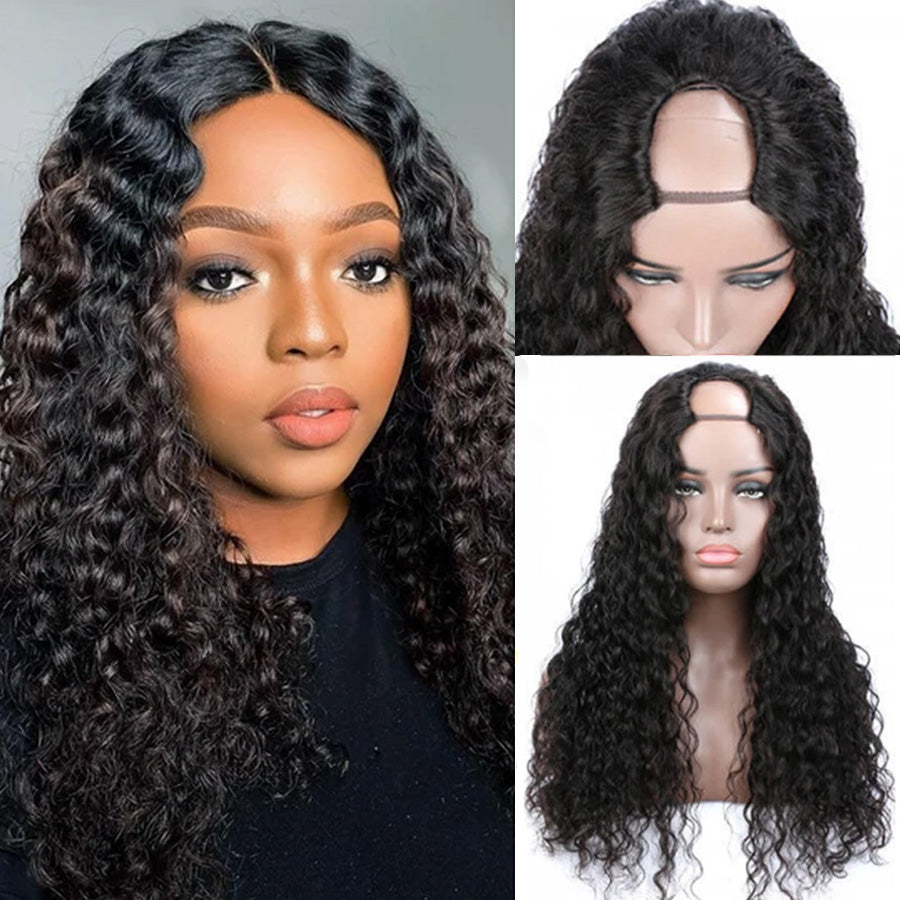Water Wave U Part Human Hair Wigs 150% Density U Shape Leave Out Glueless Wigs - Amanda Hair