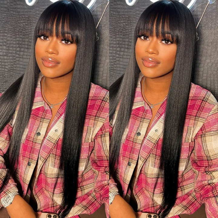 Flash Sale Buy 2 Get 1 Free Silk Straight Wigs With Bangs Machine Made Virgin Brazilian Hair Wig