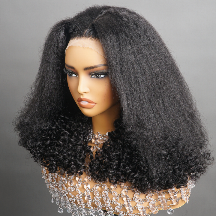 Glueless Yaki Straight Mix Deep Curly Bob Hairstyle Wig, 100% Human Hair, Vibrant & Natural Look, Easy Install & Comfortable Wear for Black Women