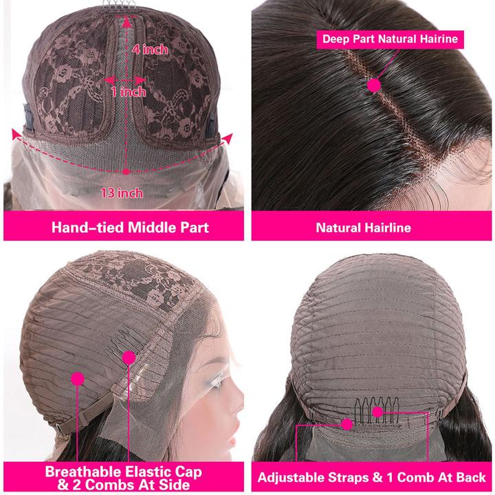 Middle Part Body Wave T Part 13*4*1 Lace Front Virgin Human Hair Wigs 180% Density Pre Plucked Lace Frontal Wig - Amanda Hair