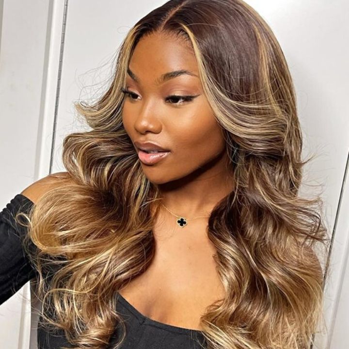 Glueless Invisiable Honey Blonde Highlight Body Wave 13x4 Lace Front Wigs Human Hair Ombre Color Wig