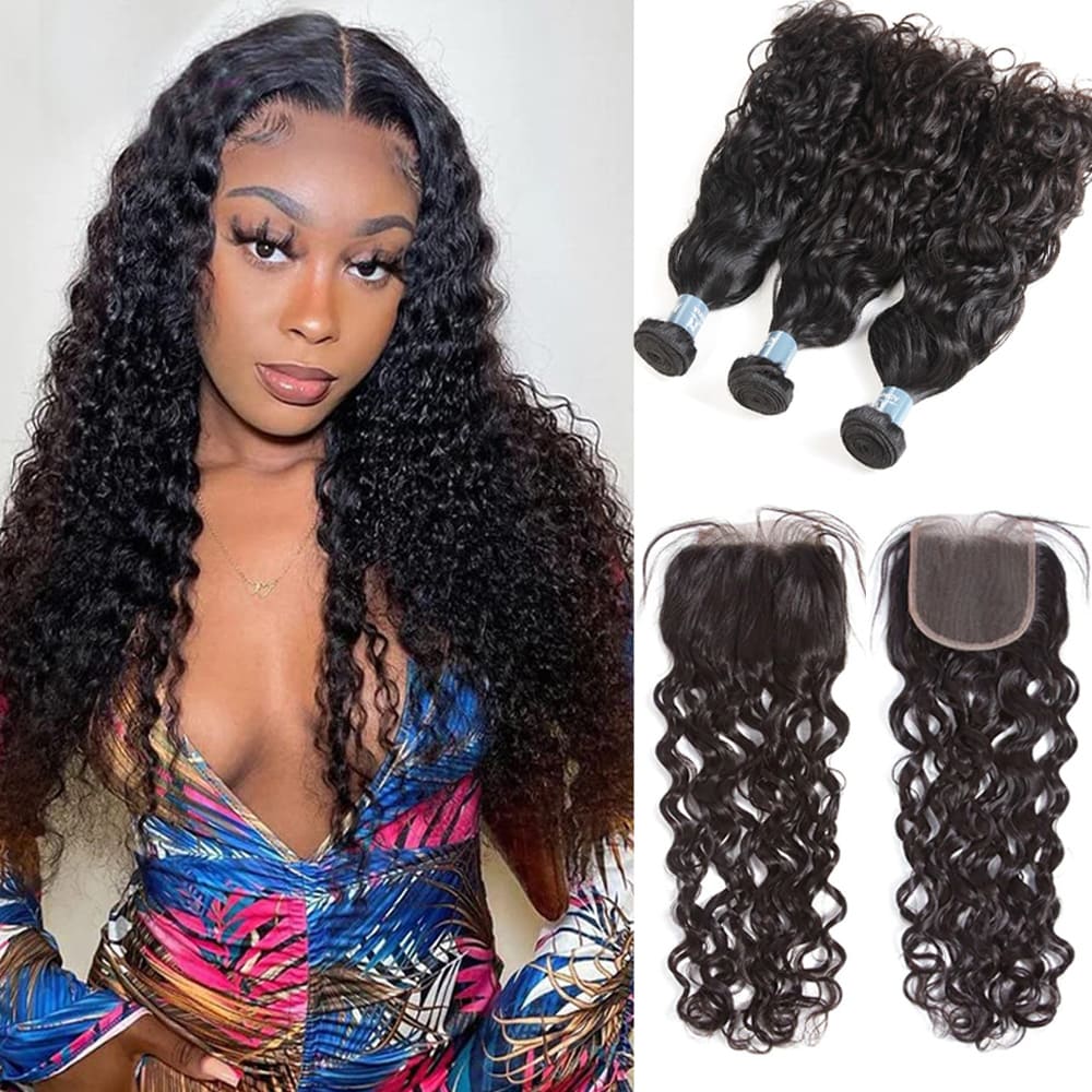 Amanda Mongolian Hair Water Wave 3 Bundles With 4*4 Lace Closure 9A Grade 100% Unprocessed Human Hair