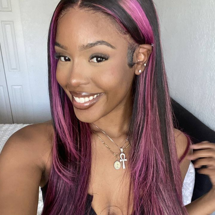 Transparent 13x4 Lace Front Straight Wig Human Hair  Black Hair Mix Purple Highlights