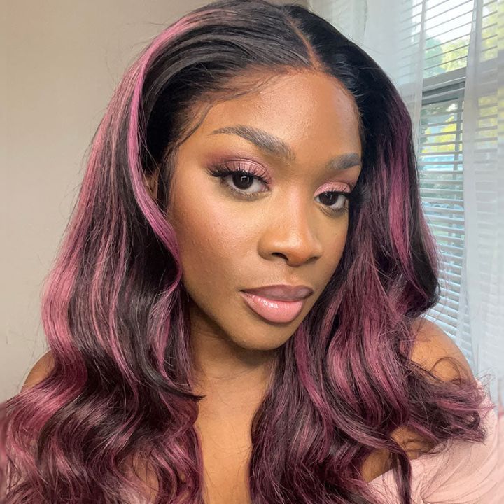 Transparent 13x4 Lace Front Straight Wig Human Hair  Black Hair Mix Purple Highlights