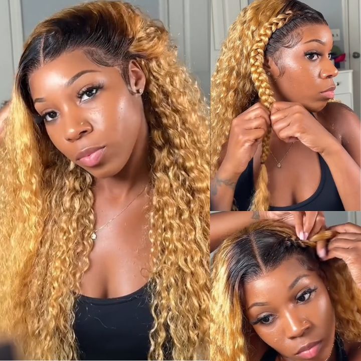 Ombre Blonde Water Wave Lace Front Human Hair Wig Dark Root Lace Front Color Wig for Women-Amanda Hair