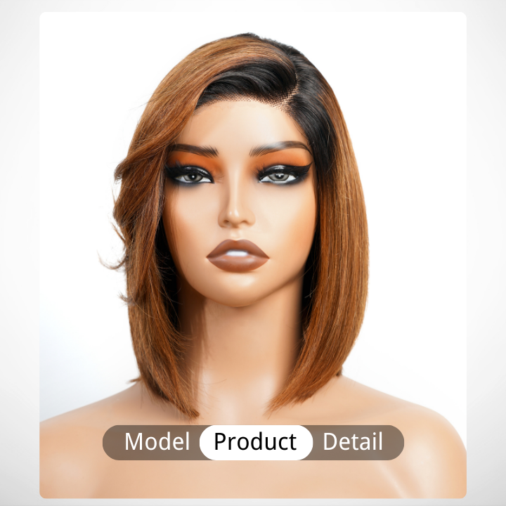 Glueless Dark Root Ombre  Light Brown Brazilian Straight Short Bob Lace Wigs Transparent Pre Plucked Hairline No Code Needed -Amanda Hair