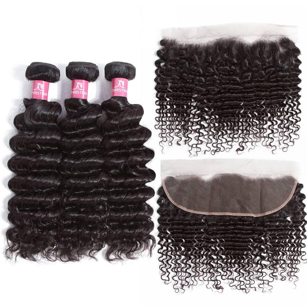 Deep Wave Brazilian Hair 3 Bundles With 13*4 Lace Frontal 10A Grade 100% Remi Human Hair Attractive Wave Hair - Amanda Hair