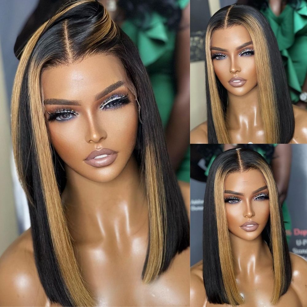 Highlight Light Brown Short Bob Straight Glueless Lace Wig 13*4/4*4 Brazilian Huaman Hair-Amanda Hair