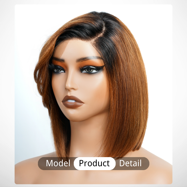 Glueless Dark Root Ombre  Light Brown Brazilian Straight Short Bob Lace Wigs Transparent Pre Plucked Hairline No Code Needed -Amanda Hair