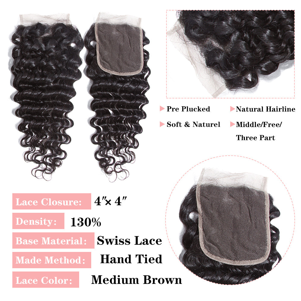 Deep Wave Brazilian Hair 4 Bundles With 4*4 Lace Closure 10A Grade 100% Remi Human Hair - Amanda Hair