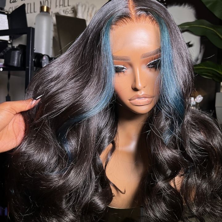 Highlight Money Piece Light Blue Transparent Lace Front Human Hair Wigs Body Wave 13x4/4x4 Lace Color Wig-Amanda Hair