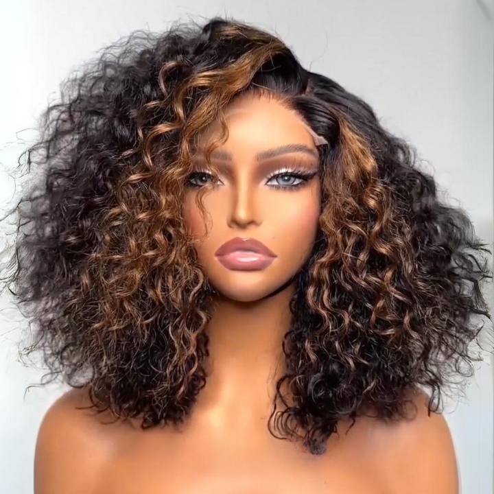 Highlight Curly Bob Lace Wig Brown with Black Ombre Color Wig Human Hair Pre Plucked-Amanda Hair