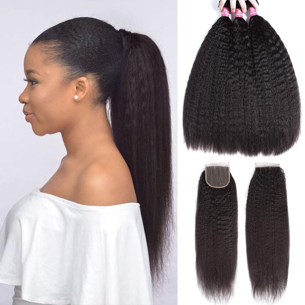 Brazilian Kinky Straight 4 Bundles With 4*4 Lace Closure 9A Grade 100% Unprocessed Human Hair Hot Item - Amanda Hair